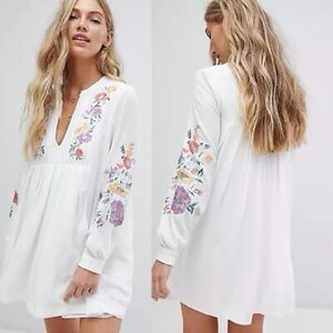 Free People Mia Embroidered Mini Dress Long Sleeves Fully Lined Size XS